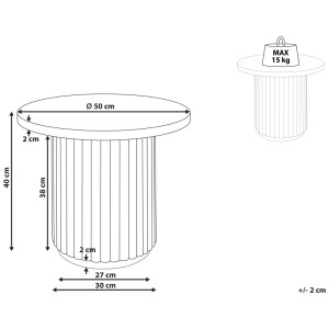 Schéma : Table basse Lemont, Ø 50 cm, bois de manguier marron, dimensions et capacité de charge indiquées.