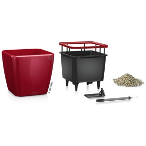 Vaso per piante Lechuza Quadro Premium LS, 43x43x40 cm, Rosso Scarlet, con sistema di irrigazione e accessori.