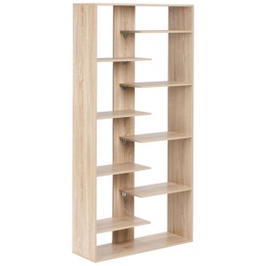 Bibliothèque moderne Fontas aspect bois brun avec 8 niveaux décalés. Style scandinave, grand espace de rangement.