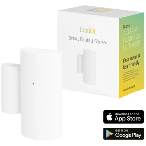 Weißer Hombli Bluetooth Kontaktsensor für Hausautomation, mit Verpackung.