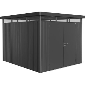 Abri de jardin Biohort HighLine, gris foncé métallisé, 6,6 m² avec double porte. Abri en métal avec toit plat.