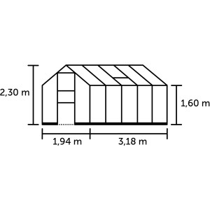 Schéma de la serre noire Halls Burford 610 avec dimensions, 6,1 m² fondation incluse.