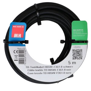 Cavo tessile nero TD H05VV-F, 3x1 mm², lunghezza 5 m, arrotolato.