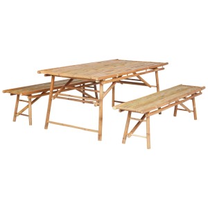 Ensemble de jardin 3 pièces Beliani Tindari en bambou marron clair : table et deux bancs.