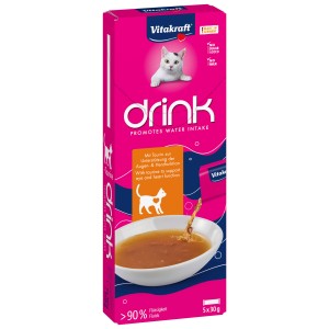 Vitakraft Cat Drink al pollo con taurina, confezione da 5. Alimento complementare per gatti per favorire l'assunzione di liquidi.