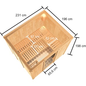 Sauna Karibu Nybro con porta in vetro, ingresso frontale, dimensioni: 231x196x198 cm, con 3 panche