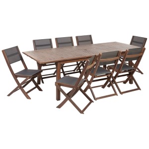 Set mobili da giardino Cesana marrone scuro in legno di acacia con tavolo allungabile e 8 sedie pieghevoli grigie.