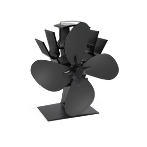Ventilateur de poêle Valo noir pour cheminées et poêles, sur pied, avec quatre pales.