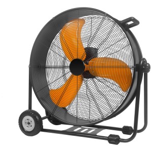 Ventilateur de sol Climatech VF-30MC, métal noir/orange, Ø 76 cm, avec roues pour un transport facile.