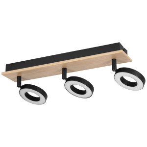 Moderner LED-Spot Rielves: Balkenleuchte mit 3 Leuchten, Stahl/Holz, schwarz/weiß. Ideal für Wohnräume.