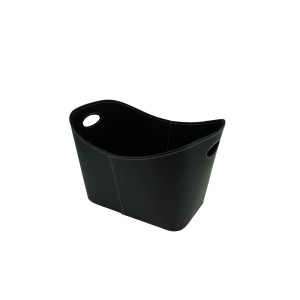 Panier Valo en similicuir noir pour bois de cheminée. Robuste panier avec poignées et coutures blanches.