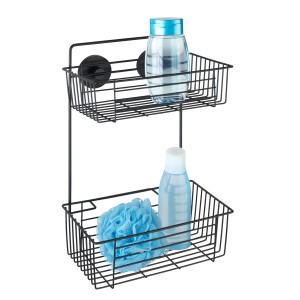 Étagère murale noire Wenko Bari à 2 niveaux avec ventouses pour rangement de salle de bain.