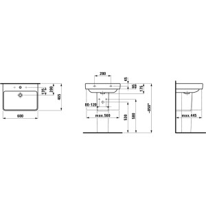 Disegno tecnico lavabo Laufen Pro S, 60x46,5 cm, con quote per l'installazione.