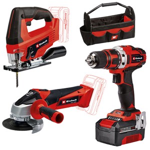 Kit d'outils Einhell TE-TK 18/3 Li Kit avec perceuse, meuleuse d'angle, scie sauteuse et sac à outils.