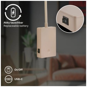 Lampe de lecture sans fil Briloner Cielo beige avec port USB-C et interrupteur pour montage mural.