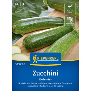 Graines de courgettes Kiepenkerl Defender : Courgettes vert foncé sur planche en bois, résistantes et productives.