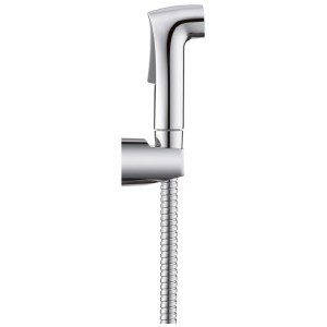 Set doccetta bidet Watersaving Wenko con doccetta, tubo in acciaio inox e supporto a parete.