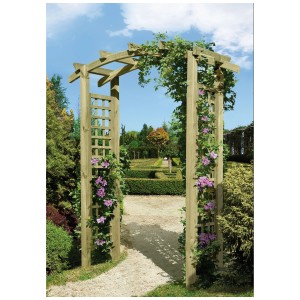 Pergola cintrée Pletscher en bois recouverte de plantes grimpantes dans un jardin.