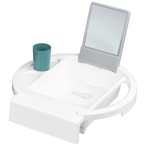 Lavabo enfant Rotho Kiddy Wash blanc avec gobelet et miroir pour baignoire.