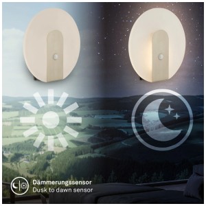 Applique murale à pile Briloner Aurora nickel avec détecteur crépusculaire, vue jour et nuit.