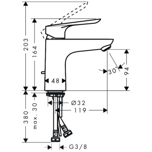 Disegno tecnico: Miscelatore lavabo Hansgrohe Logis E 100 CoolStart, cromo, con dimensioni.