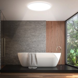 Lampada da bagno a LED Briloner bianca dimmerabile (45cm) con telecomando sul soffitto di un bagno.