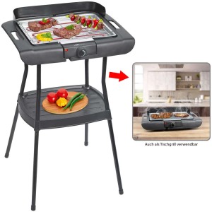 Clatronic BQS 3508 barbecue elettrico da tavolo e da terra con cibo e verdure.