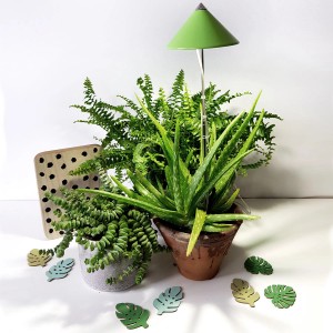Lampada per piante a LED Parus Sunlite 7W verde con piante in vaso per la coltivazione.