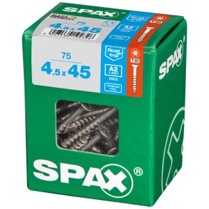 Viti Spax in acciaio inox A2, 4,5x45 mm, 75 pezzi in scatola verde.