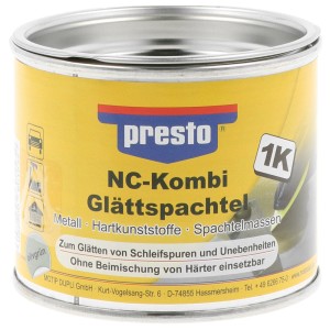 Barattolo di stucco Presto Nitro-Kombi Glättspachtel 250g per riparazioni di vernice e carrozzeria.