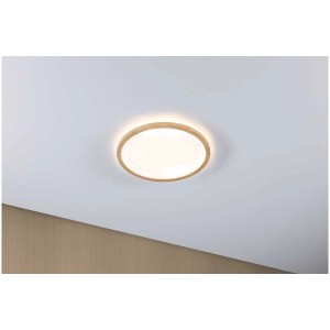 Panneau LED rond Paulmann Atria Shine aspect bois avec rétroéclairage au plafond.