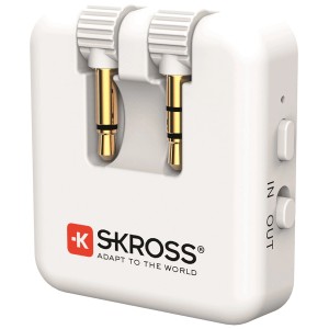 Adaptateur audio sans fil Skross, blanc, avec connecteurs rétractables de 3,5 mm pour casque sans fil.