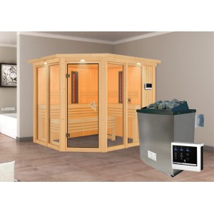 Sauna a infrarossi Karibu Anka con stufa, lampade a infrarossi e cornice a LED sul tetto in legno naturale.