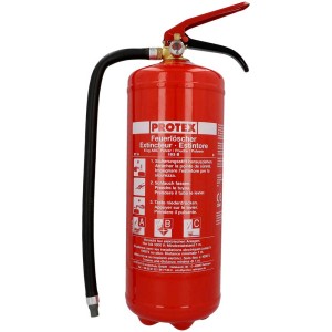 Extincteur à poudre Protex rouge, 6 kg, avec manomètre et tuyau pour protection incendie.