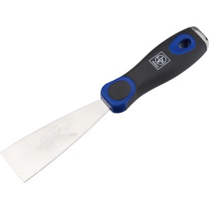 Spatule universelle flexible LUX, largeur 4 cm, avec manche bleu et noir et lame en acier inoxydable.