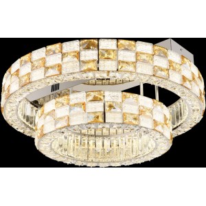 Plafonnier LED chromé Lidia avec cristaux de verre ambrés et transparents, Ø 61 cm.
