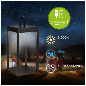 Lanterne LED à batterie Briloner noire dimmable, IP44, 5W. Lampe de table design pour intérieur et extérieur.