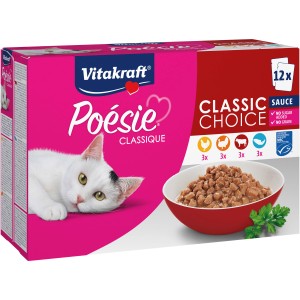 Vitakraft Poesie Classique nourriture humide pour chat, multipack 12x85g avec poulet, dinde, bœuf et saumon en sauce.