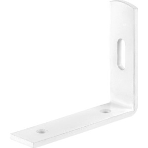 Équerre réglable blanche, revêtement poudre, 80x65x20mm, avec trou oblong pour un montage flexible.