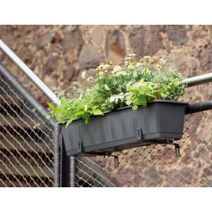 Jardinière anthracite Aqua Green Plus avec système d'arrosage et fleurs jaunes.