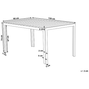 Schizzo del tavolo da giardino Beliani Como, 150x90 cm, legno sintetico grigio, dimensioni e dettagli.