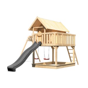Karibu Maison sur pilotis Fidel avec toboggan et balançoire double, bois naturel/anthracite.