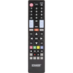 Telecomando sostitutivo universale Schwaiger per TV, telecomando nero con pulsanti.