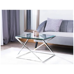 Moderno tavolino Beliani Beverly con piano in vetro e struttura in metallo argentato.