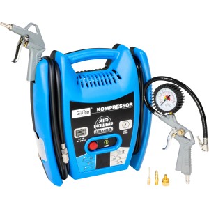 Compresseur Güde Airpower 180/08 : Compresseur bleu portable avec accessoires comme un gonfleur de pneus et une soufflette.