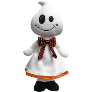 Decorazione Halloween fantasma in piedi, bianca con fiocco arancio e nero, altezza 40 cm.