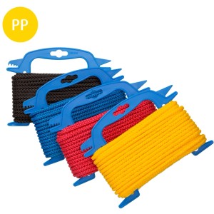 Conacord Mehrzweckseile, geflochten, 8 mm, 7,5 m, verschiedene Farben auf blauer Halterung.