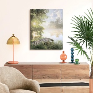 Reinders Deco Panel: Nebliger See mit Holzsteg im Morgenlicht, 40x50 cm MDF Wandbild. Landschaftsmotiv.