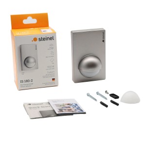 Rilevatore di movimento Steinel IS 180-2 argento, angolo di rilevamento 180°, con accessori e confezione.