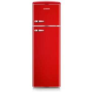 Rote Severin Kühl-Gefrierkombination im Retro-Design mit Chromgriffen, 246 Liter Nutzinhalt.